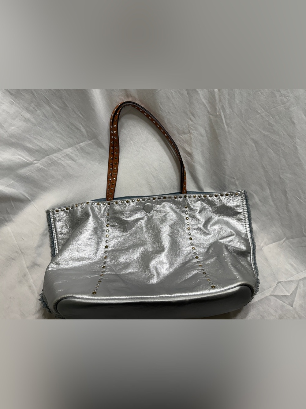 Silver Metallic Studded Tote Bag Large Boho Shoulder Bag Leather Straps